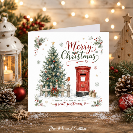 Personalised Christmas Card for Postal Worker | Watercolour Postbox, Robin Design