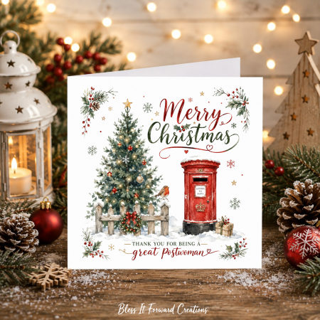 Personalised Christmas Card for Postal Worker | Watercolour Postbox, Robin Design