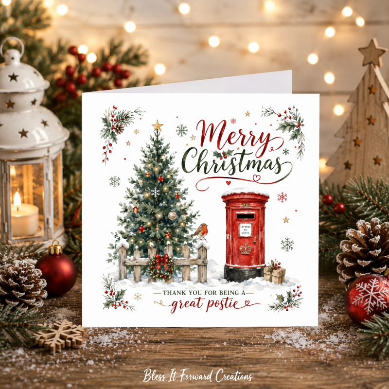 Personalised Christmas Card for Postal Worker | Watercolour Postbox, Robin Design