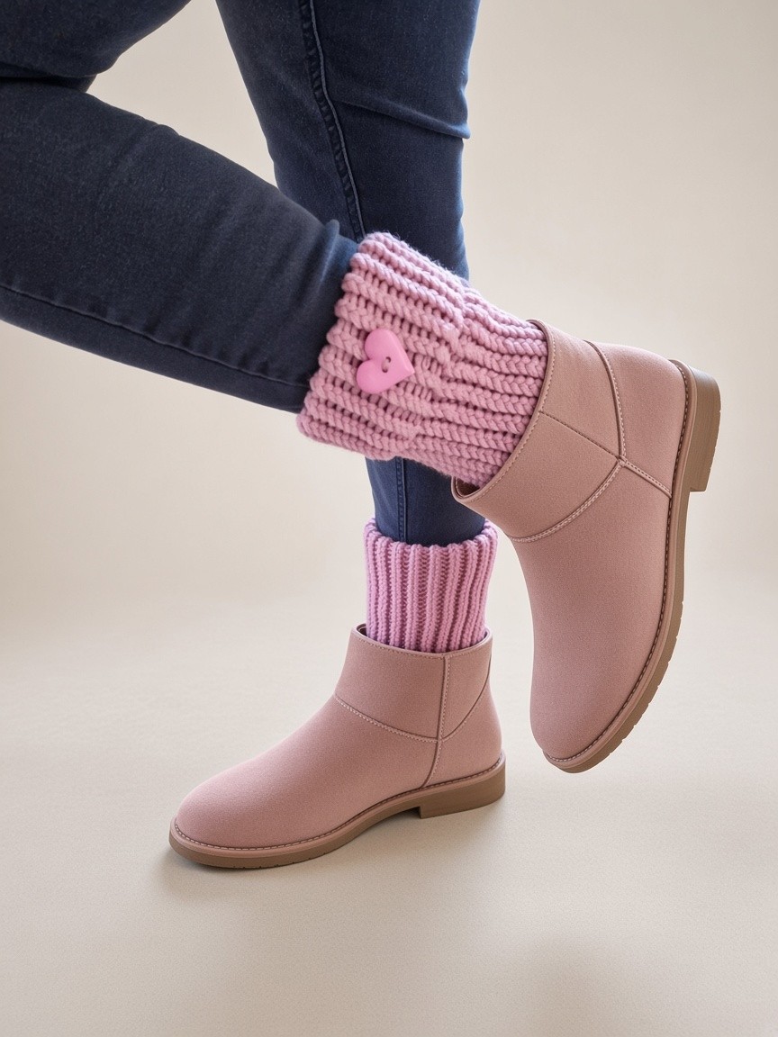 Handmade Pink Knitted Boot Cuffs – 100% Acrylic – Cute Heart Detail