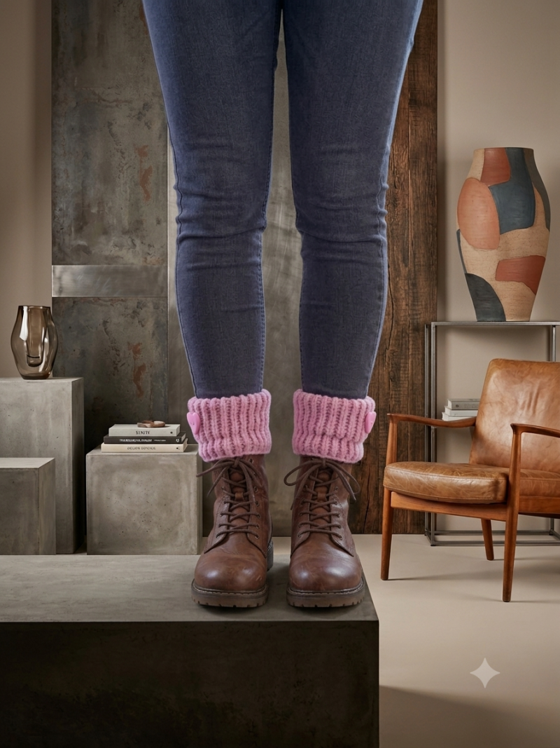 Handmade Pink Knitted Boot Cuffs – 100% Acrylic – Cute Heart Detail