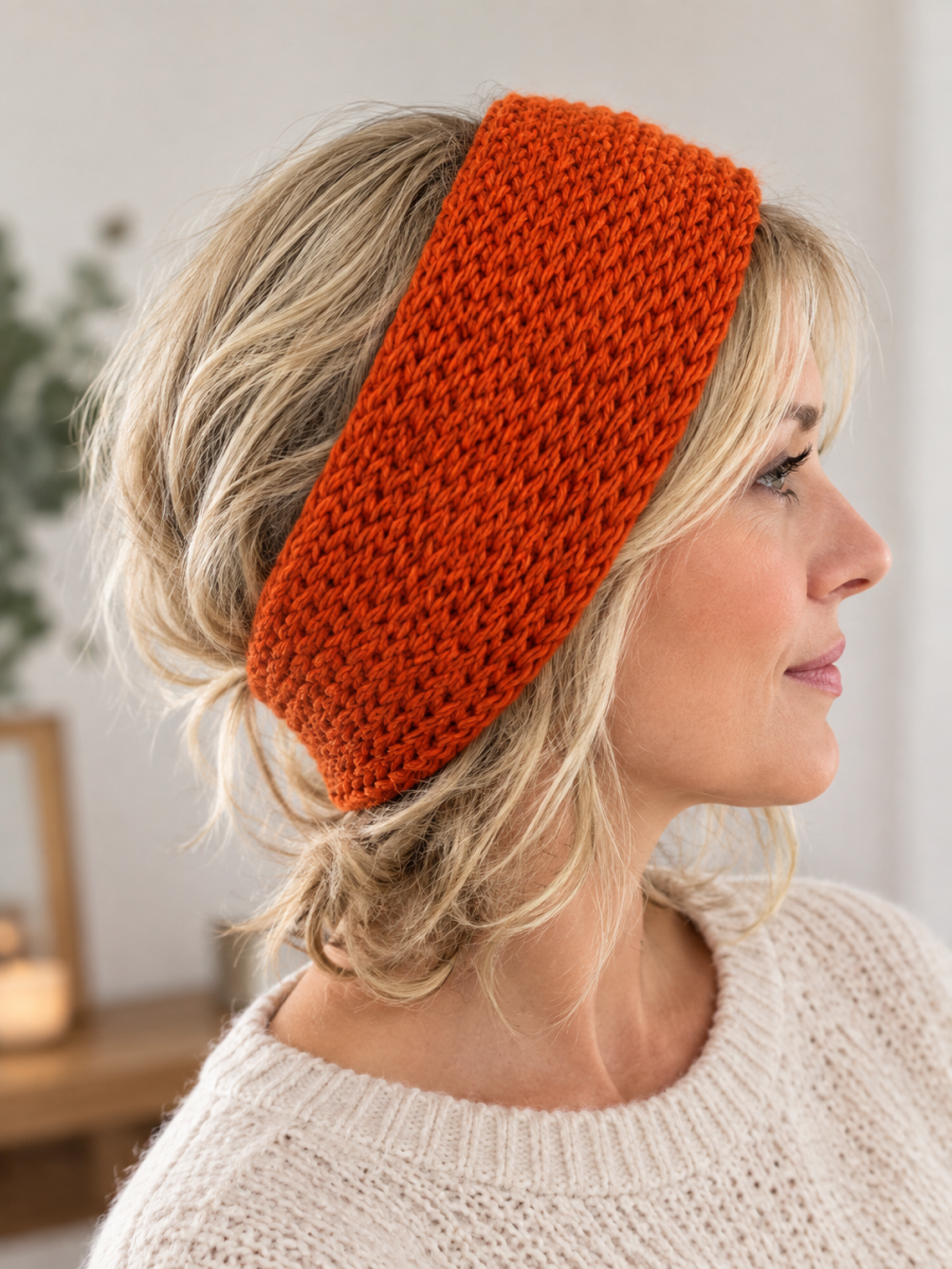 Handmade Orange Knitted Headband – Chunky Winter Ear Warmer – Loom Made