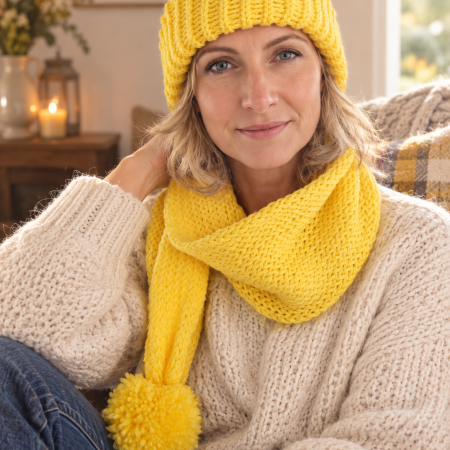 Handmade Loom-Knit 2-in-1 Hat Scarf Combo | Yellow Hat Scarf