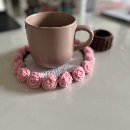 Handmade Crochet Rose Coaster with Pot
