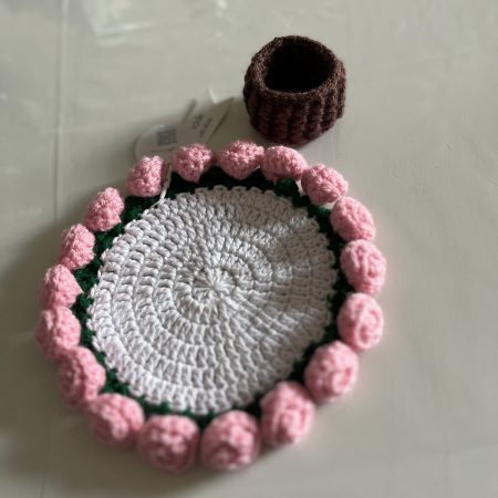 Handmade Crochet Rose Coaster with Pot