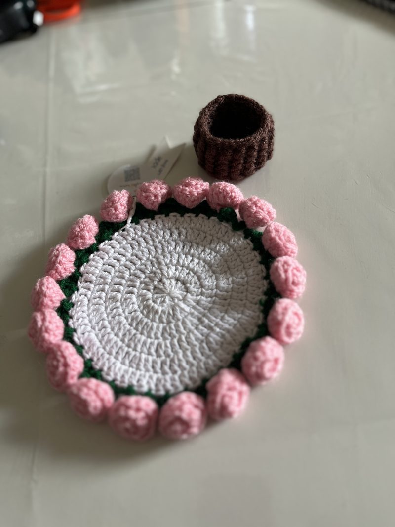 Handmade Crochet Rose Coaster with Pot