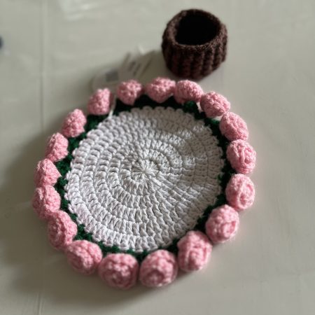 Handmade Crochet Rose Coaster with Pot