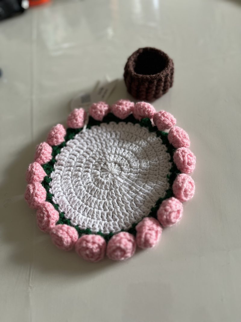 Handmade Crochet Rose Coaster with Pot
