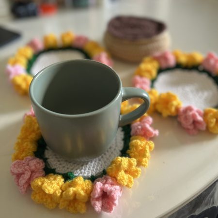 Handmade Crochet Cup Flower Coasters with Pot- Set of 3