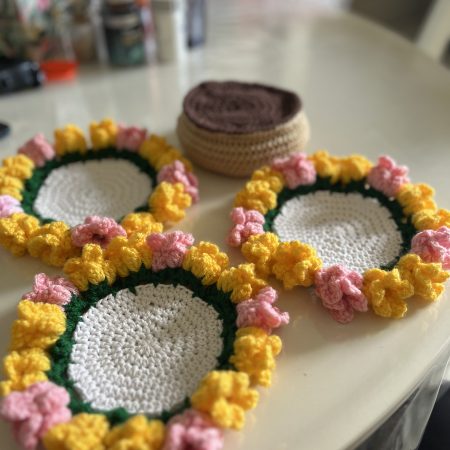 Handmade Crochet Cup Flower Coasters with Pot- Set of 3