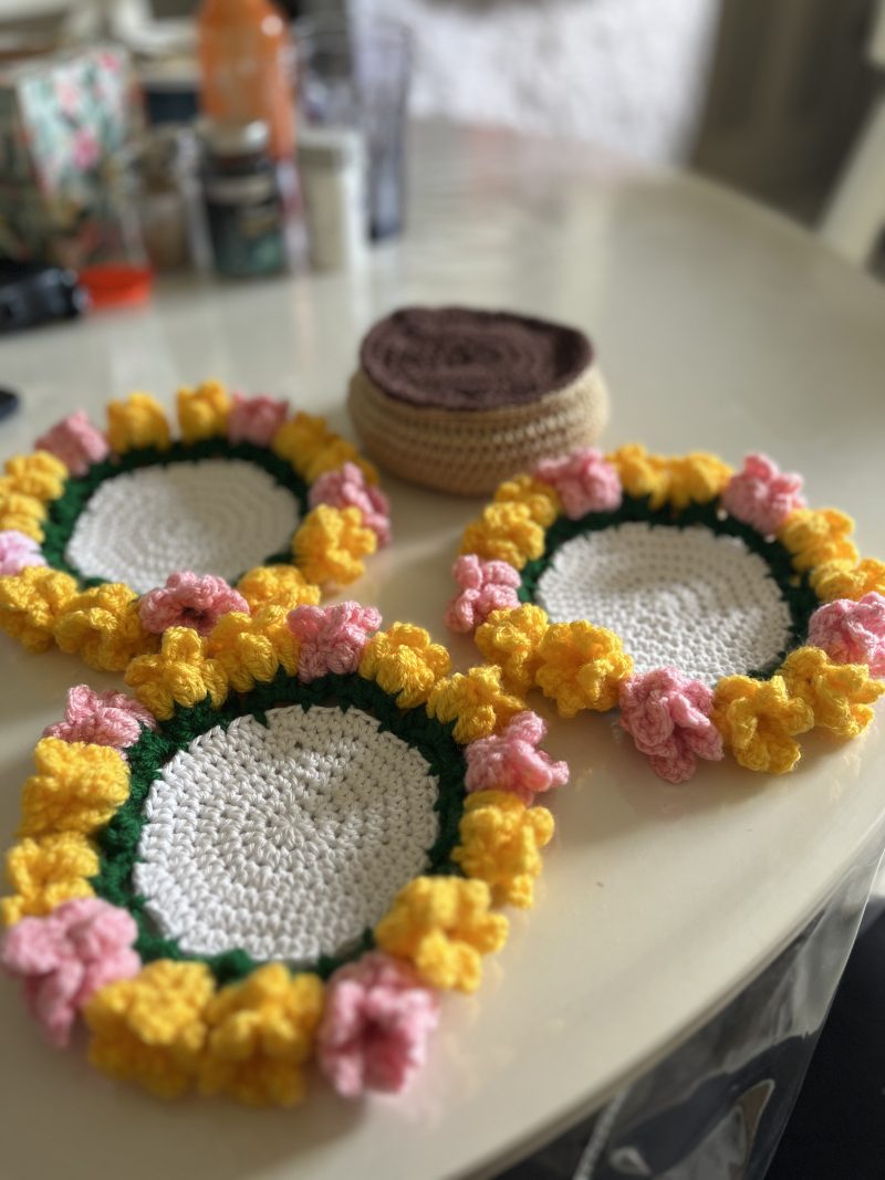 Handmade Crochet Cup Flower Coasters with Pot- Set of 3