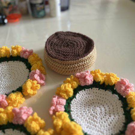 Handmade Crochet Cup Flower Coasters with Pot- Set of 3