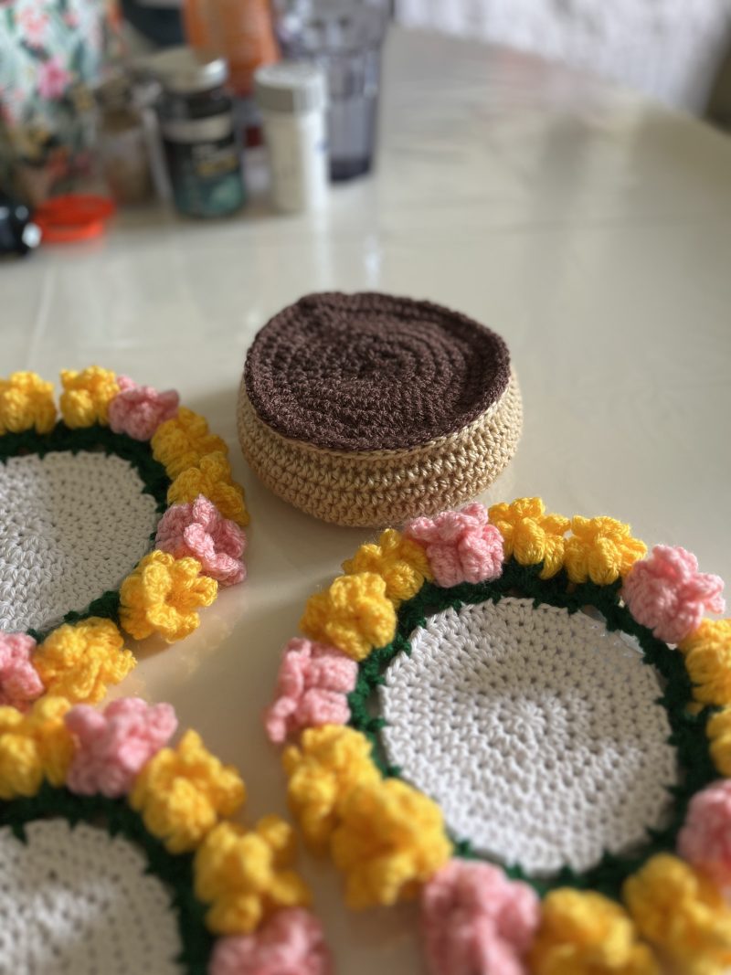 Handmade Crochet Cup Flower Coasters with Pot- Set of 3