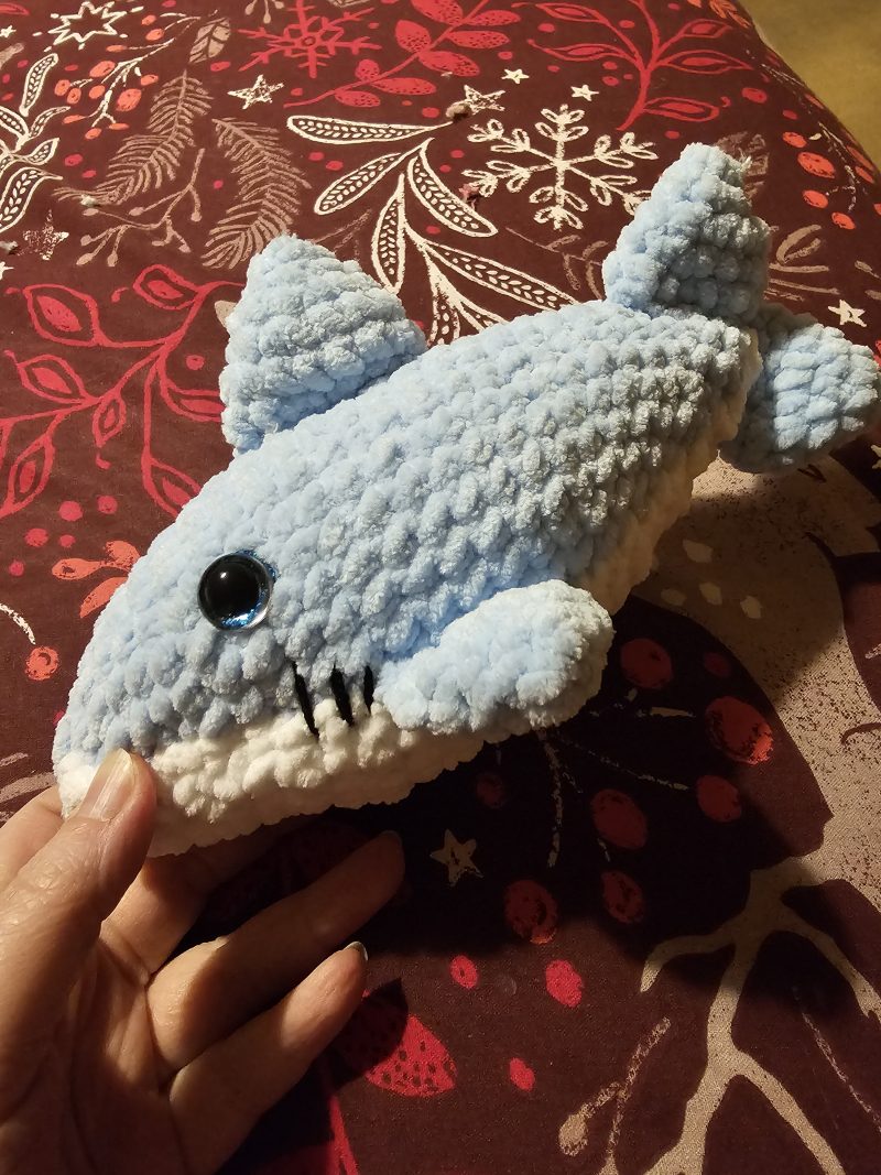 Handmade Great White Shark Plushie, 12 Inches Long, Child-Safe Yarn