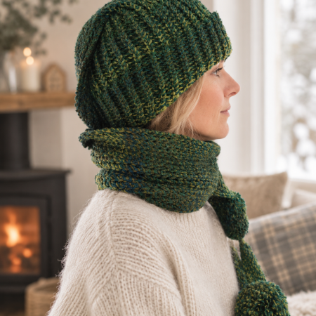 Handmade Green & Gold Hat Scarf – Cosy 2-in-1 Winter Accessory