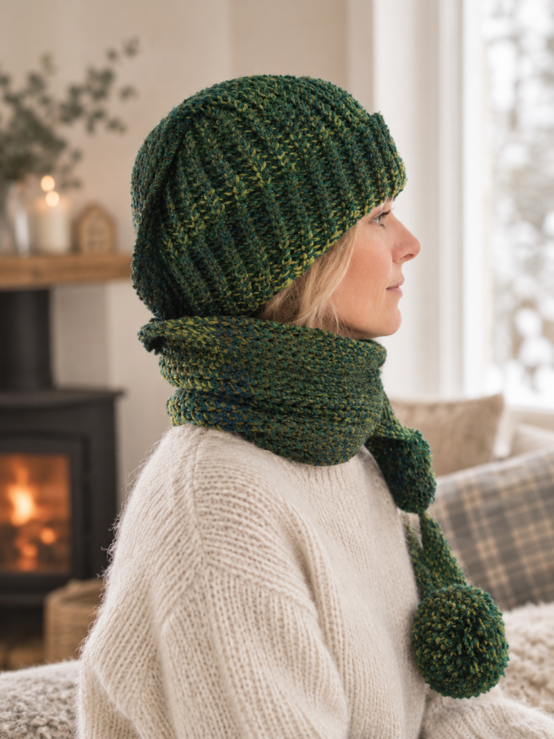 Handmade Green & Gold Hat Scarf – Cosy 2-in-1 Winter Accessory