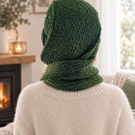 Handmade Green & Gold Hat Scarf – Cosy 2-in-1 Winter Accessory