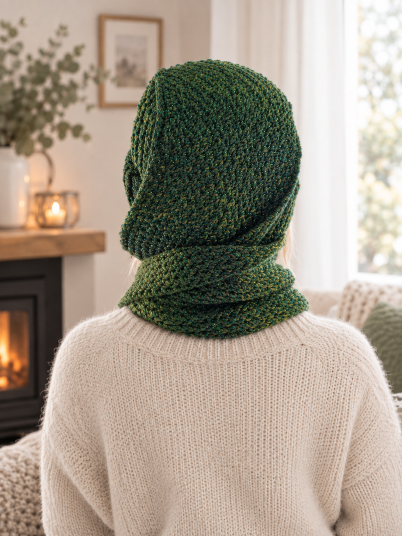 Handmade Green & Gold Hat Scarf – Cosy 2-in-1 Winter Accessory