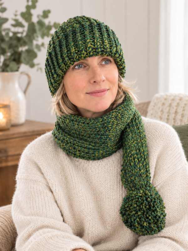 Handmade Green & Gold Hat Scarf – Cosy 2-in-1 Winter Accessory