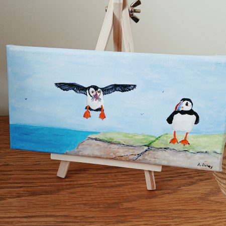 Hand-Painted Acrylic Puffin's Catch on 8x4 Inch Canvas, Ready to Hang