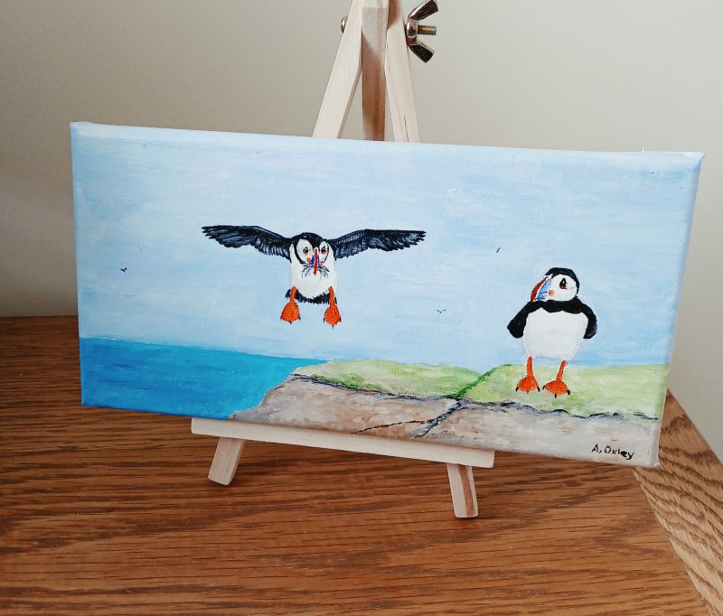 Hand-Painted Acrylic Puffin's Catch on 8x4 Inch Canvas, Ready to Hang