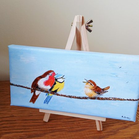 Hand Painted Acrylic Canvas of Three Garden Birds on a Rope, 8x4 inches ready to hang