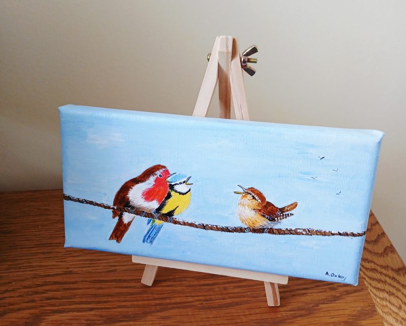 Hand Painted Acrylic Canvas of Three Garden Birds on a Rope, 8x4 inches ready to hang