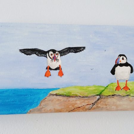 Hand-Painted Acrylic Puffin's Catch on 8x4 Inch Canvas, Ready to Hang