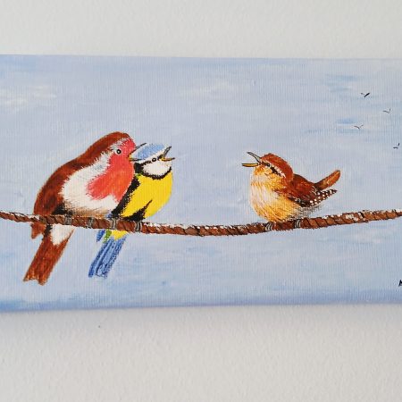 Hand Painted Acrylic Canvas of Three Garden Birds on a Rope, 8x4 inches ready to hang