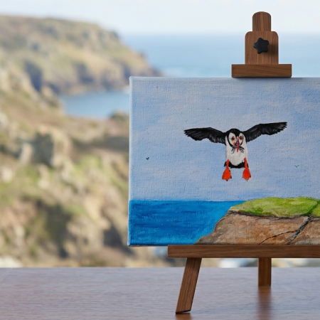Hand-Painted Acrylic Puffin's Catch on 8x4 Inch Canvas, Ready to Hang