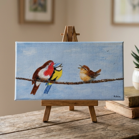 Hand Painted Acrylic Canvas of Three Garden Birds on a Rope, 8x4 inches ready to hang