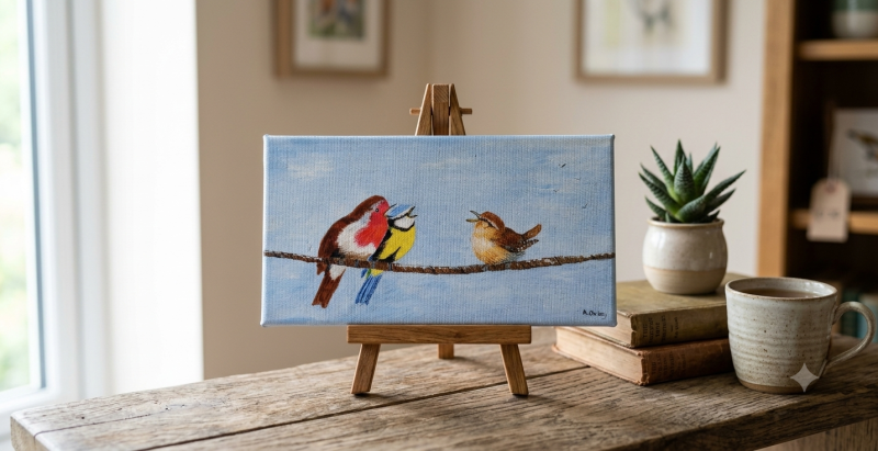 Hand Painted Acrylic Canvas of Three Garden Birds on a Rope, 8x4 inches ready to hang
