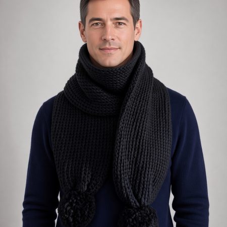 Handmade Loom Knitted Double-Thick Snug Scarf with Pom Pom Ends