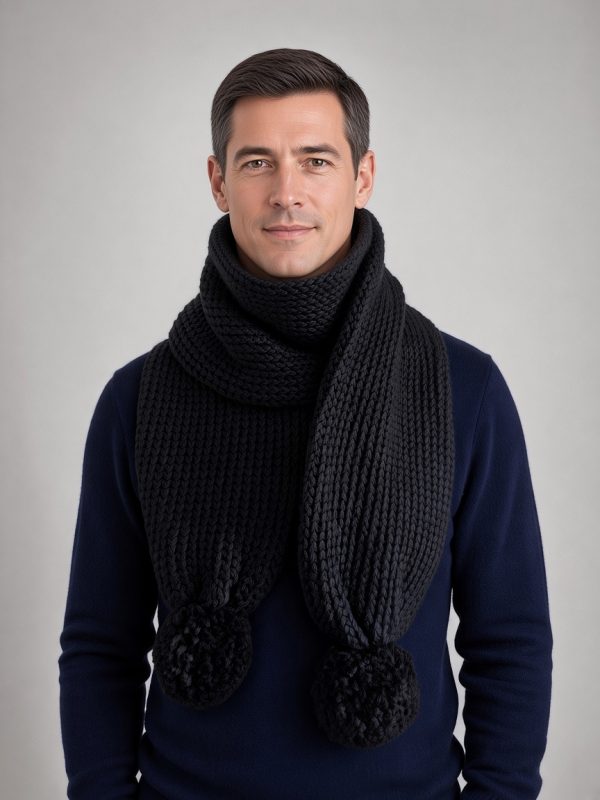 Handmade Loom Knitted Double-Thick Snug Scarf with Pom Pom Ends