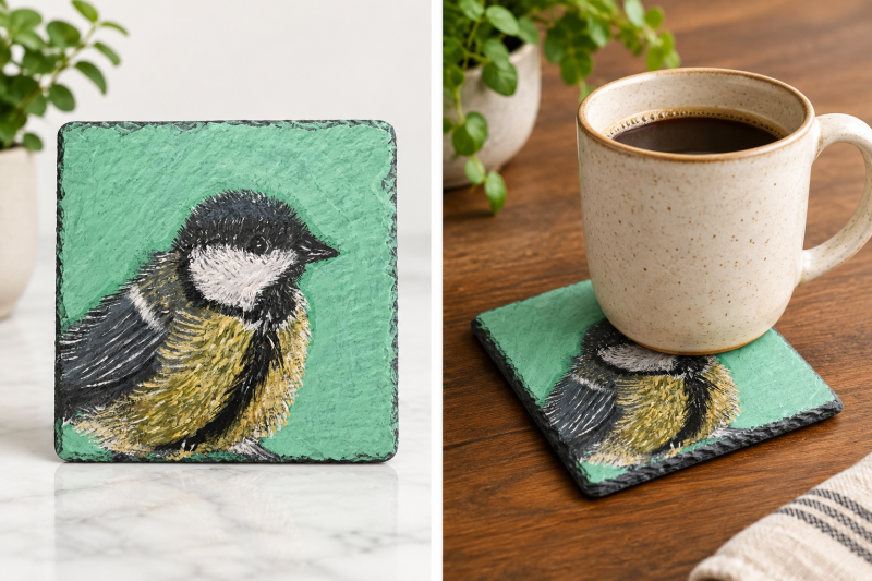 Blue tit hand-painted slate coaster