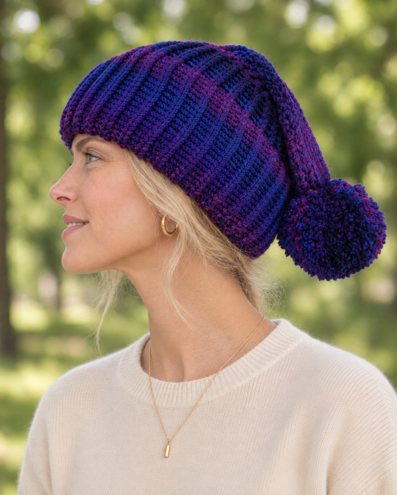 Chunky Knitted Elf Hat with Pom Pom – Handmade Slouchy Winter Hat