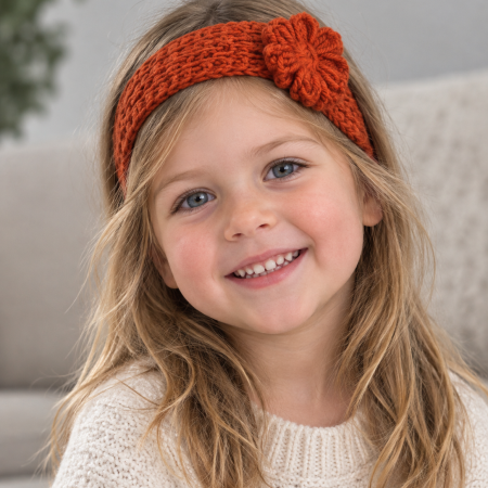 Child’s Handmade Chunky Knitted Headband with Flower – Warm Orange
