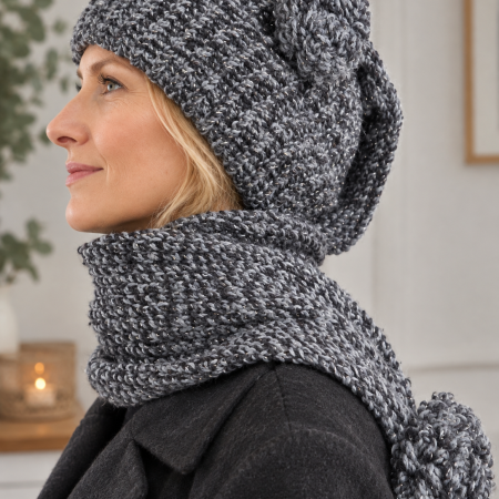 Handmade Chunky Shimmer All-in-One Hat Scarf with Pom Pom Ears – Grey
