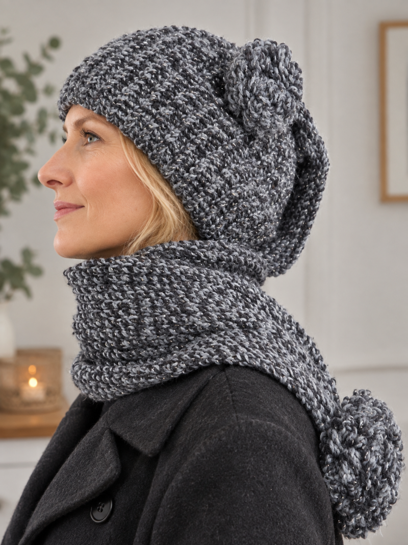Handmade Chunky Shimmer All-in-One Hat Scarf with Pom Pom Ears – Grey