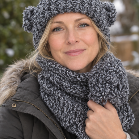 Handmade Chunky Shimmer All-in-One Hat Scarf with Pom Pom Ears – Grey