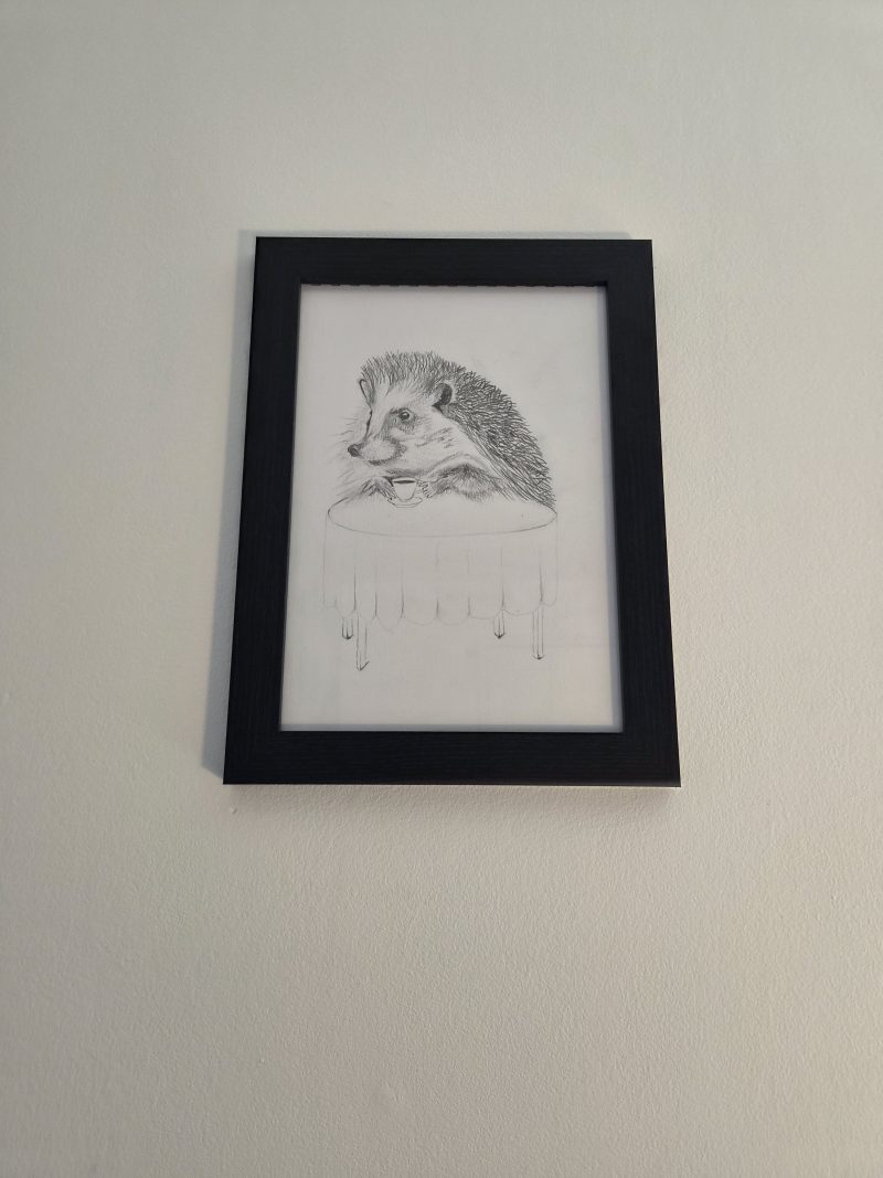 Original hand-drawn Hedgehog Portrait - Hedgehog drinking Tea