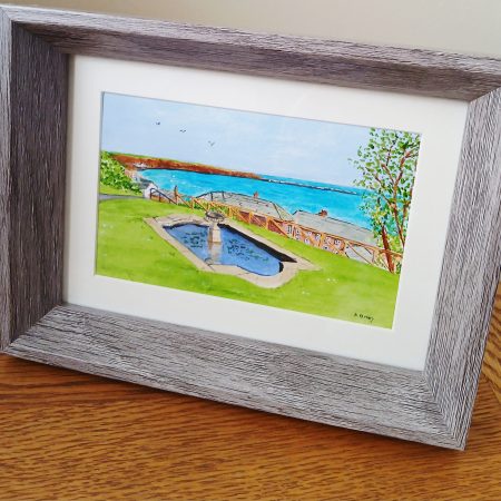 Crescent Gardens Pond with Seaview, original framed acrylic painting