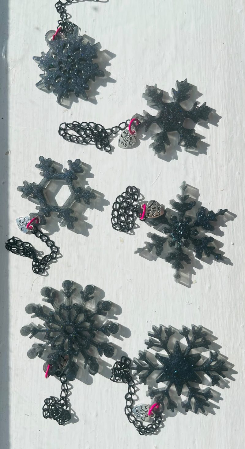 Set of 6 Handmade Black Resin Snowflakes with Shimmer