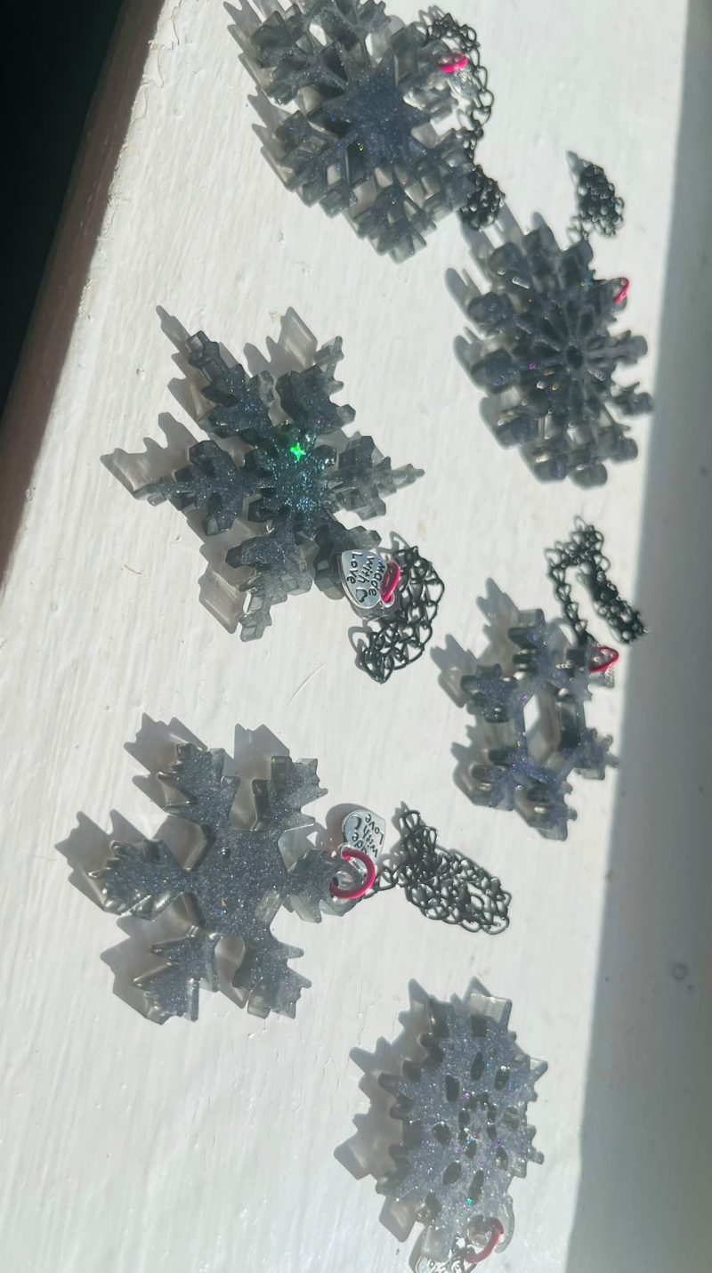 Set of 6 Handmade Black Resin Snowflakes with Shimmer