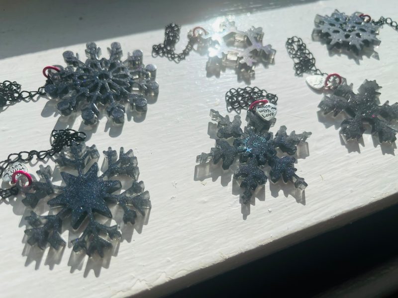 Set of 6 Handmade Black Resin Snowflakes with Shimmer