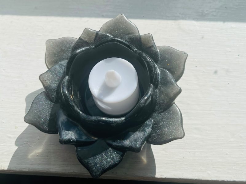 Black Locus Resin Tealight Holder with Battery Light Included