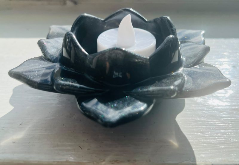 Black Locus Resin Tealight Holder with Battery Light Included