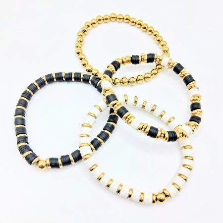 Handmade Black & White Silicone Mix Gold Bead Bracelets Pack of 4