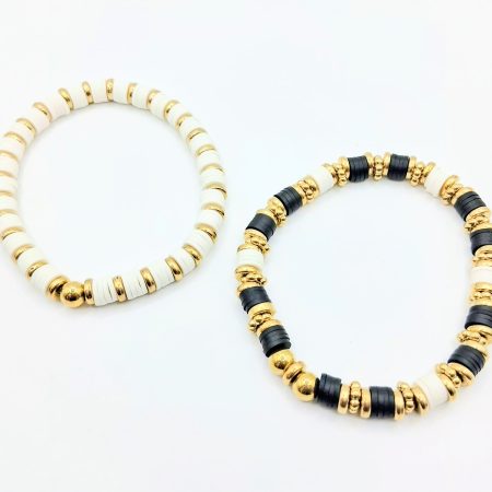 Handmade Black & White Silicone Mix Gold Bead Bracelets Pack of 4