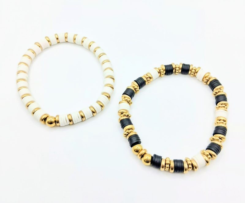 Handmade Black & White Silicone Mix Gold Bead Bracelets Pack of 4